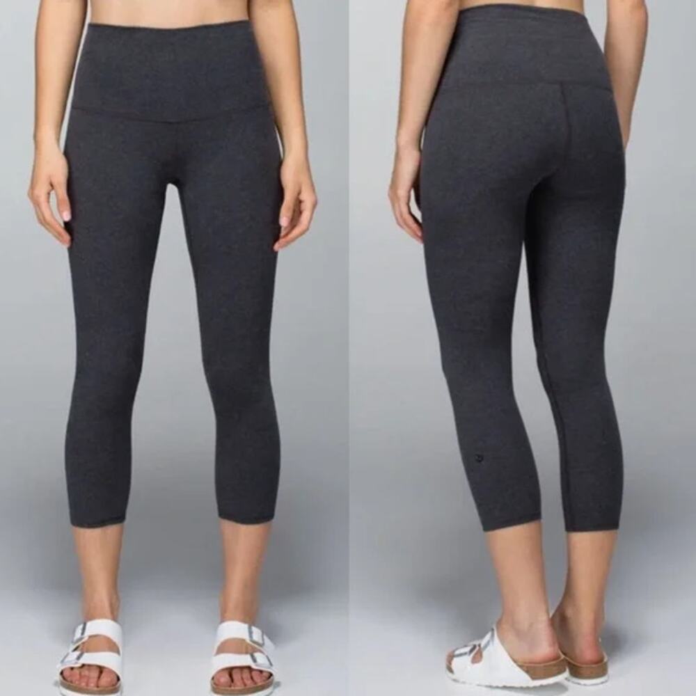 Lululemon Wunder Under Crop Leggings Cotton Roll Down Yoga Pants Heathered Black